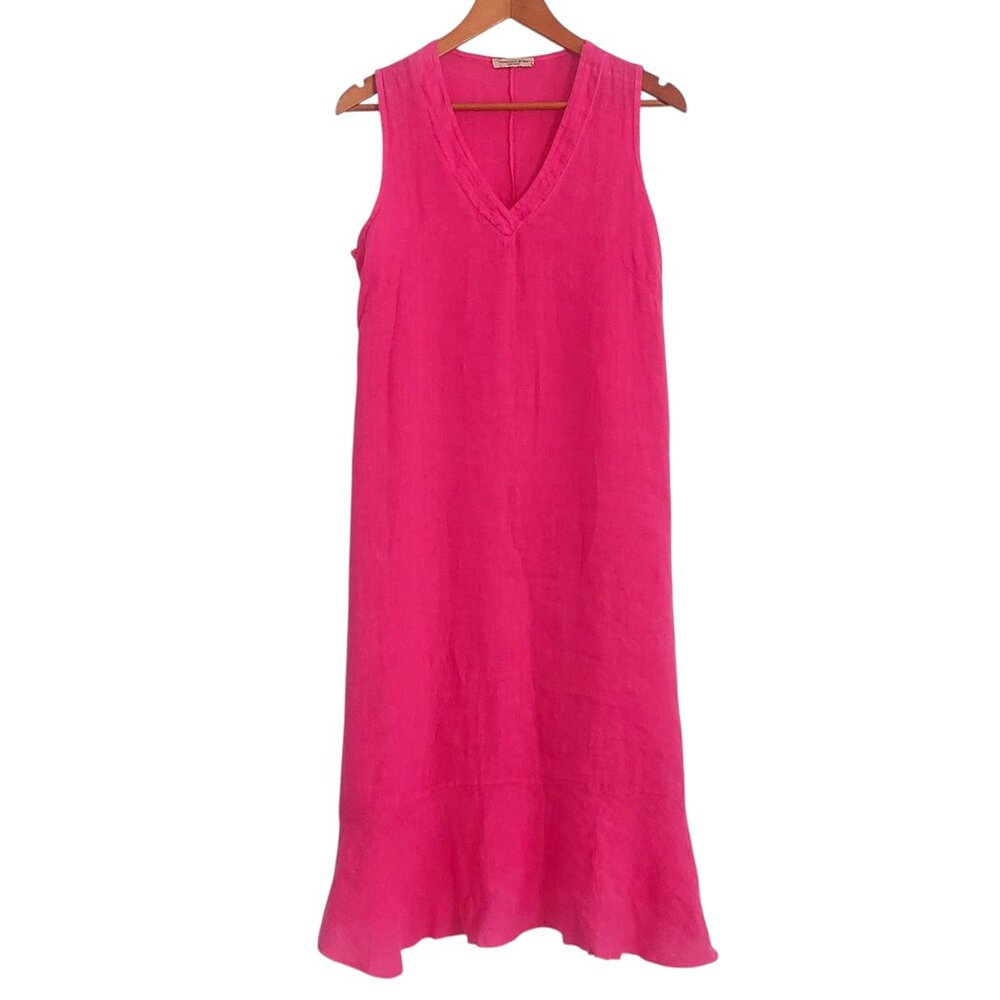 Pink Italian Linen Shift Dress Small Midi Length Sleeveless Relaxed Fit V Neck - Picture 12 of 13